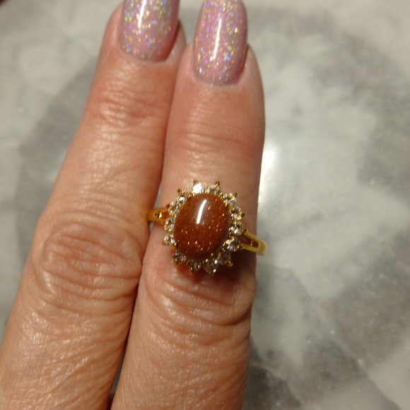 18k Gold EP Goldstone Swarovski Crystals Dolphin Ore Ring - Picture 2 of 8